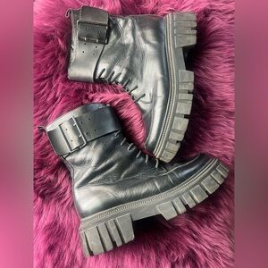 Black Leather Lace-Up Chunky Combat Boots, Lug Sole